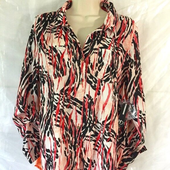 New Directions Womens Button Up Top Blouse Roll Up Sleeves Peach Paisley SZ PXL - Picture 4 of 16